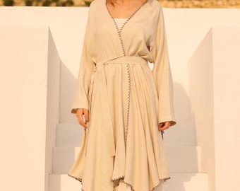Embroidered Organic Cotton Boho Kimono, Asymmetric Cardigan