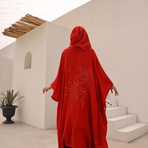 Red Emroiedered Kimono Kaftan,Boho Kimono Robe,Bohemian Priestess Tunic,Adjustable Long Jacket,Unisex Boho Kaftan,Snake Detail Kimono