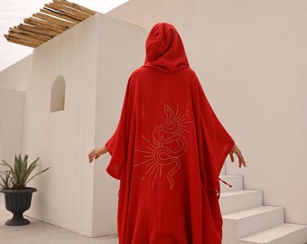Red Embroidered Snake Kimono Cloak, Handwoven Cotton Robe,Boho Kaftan,Ritual Wear,High Priestess