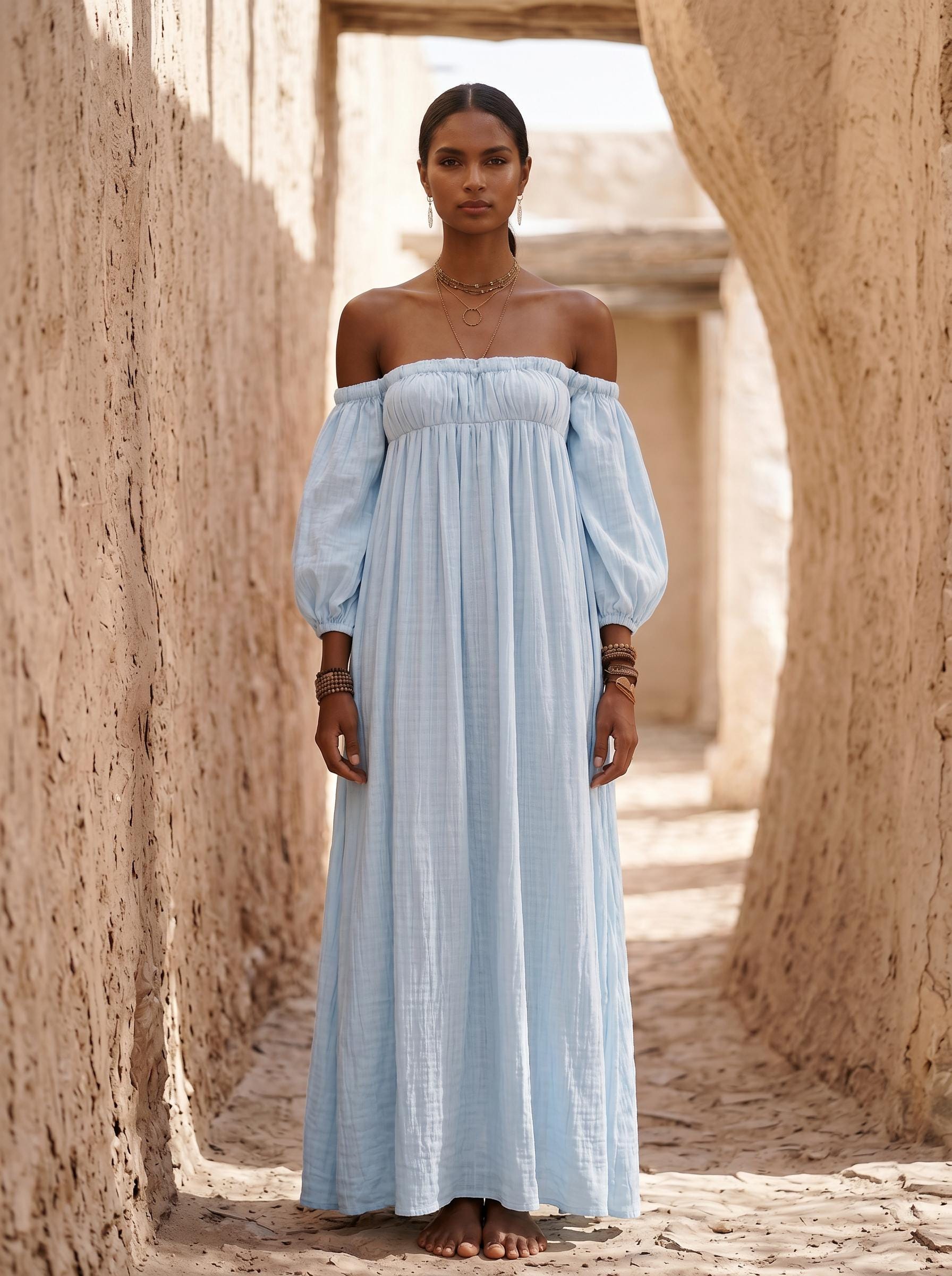 Organic Cotton Gauze Off-shoulder Maxi Dress, Boho Wedding Guest