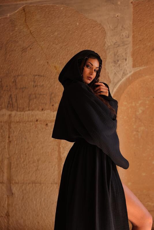 Black Organic Cotton Skirt Set: Hoodie Crop Top, Double Slit Skirt