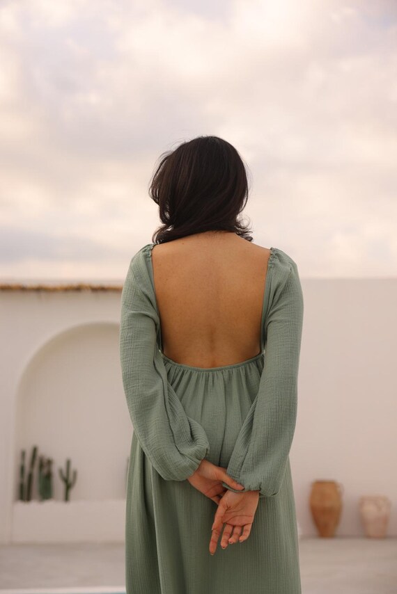 Backless Long Dress-goddess Dress-wedding Guest Gown-bridesmaid Dress-v-neck Long Dress-organic Cotton Maxi Dress-muslin Dress-long Sleeve