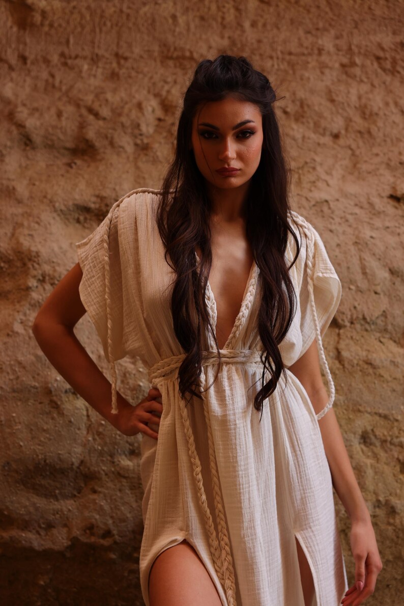 Vestido largo bohemio, vestido de diosa etérea, atuendo de boda bohemio, ropa de festival de verano de inspiración griega, ropa orgánica, lino, ropa de resort imagen 11