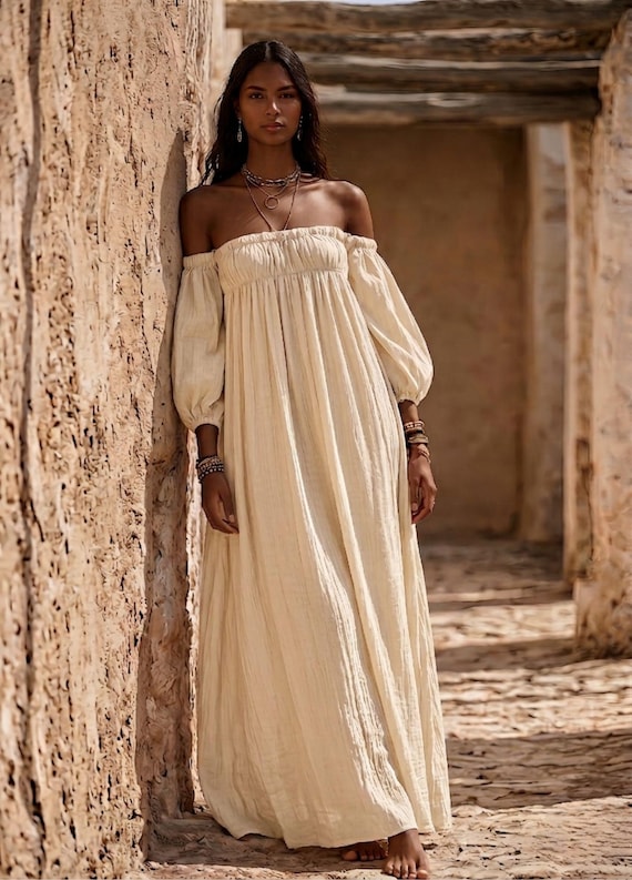 cream and beige color dress Off Shoulder Boho Linen Summer Dress,organic Cotton Gauze Gown,beach Cover Up, ,maternity,empire Waist Silk Laundry 90S Slip Color:White Natural 63306 Beige bridesmaid dresses Imported.