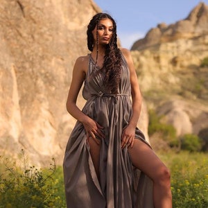 Backless Long Flowy Boho Dress,Greek Goddess Dress,Adjustable Boho Dress,Deep V-neck Maxi Dress,Bohemian Dress,Athena Costume,organic dress