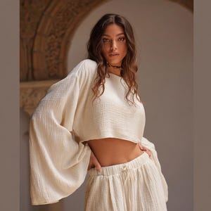 Weiches Baumwoll-Double Gauze Crop Top, Boho Oversized Shirt, Strand vertuschen, weite Ärmel