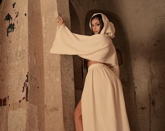 Ritual Wear -Boho Hooded Skirt Set-High Slit -Handmade Two Piece Outfit-Festival Clothing-Resort Wear