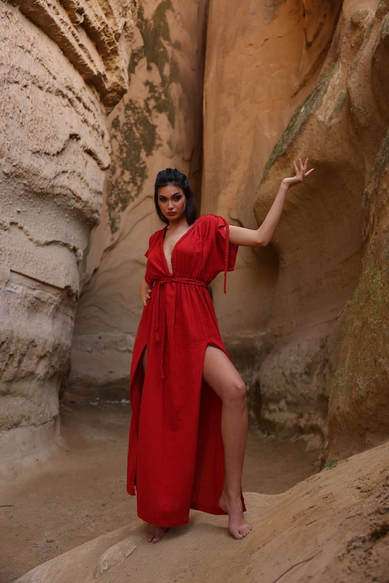 Vestido largo bohemio, vestido de diosa etérea, atuendo de boda bohemio, ropa de festival de verano de inspiración griega, ropa orgánica, lino, ropa de resort imagen 10