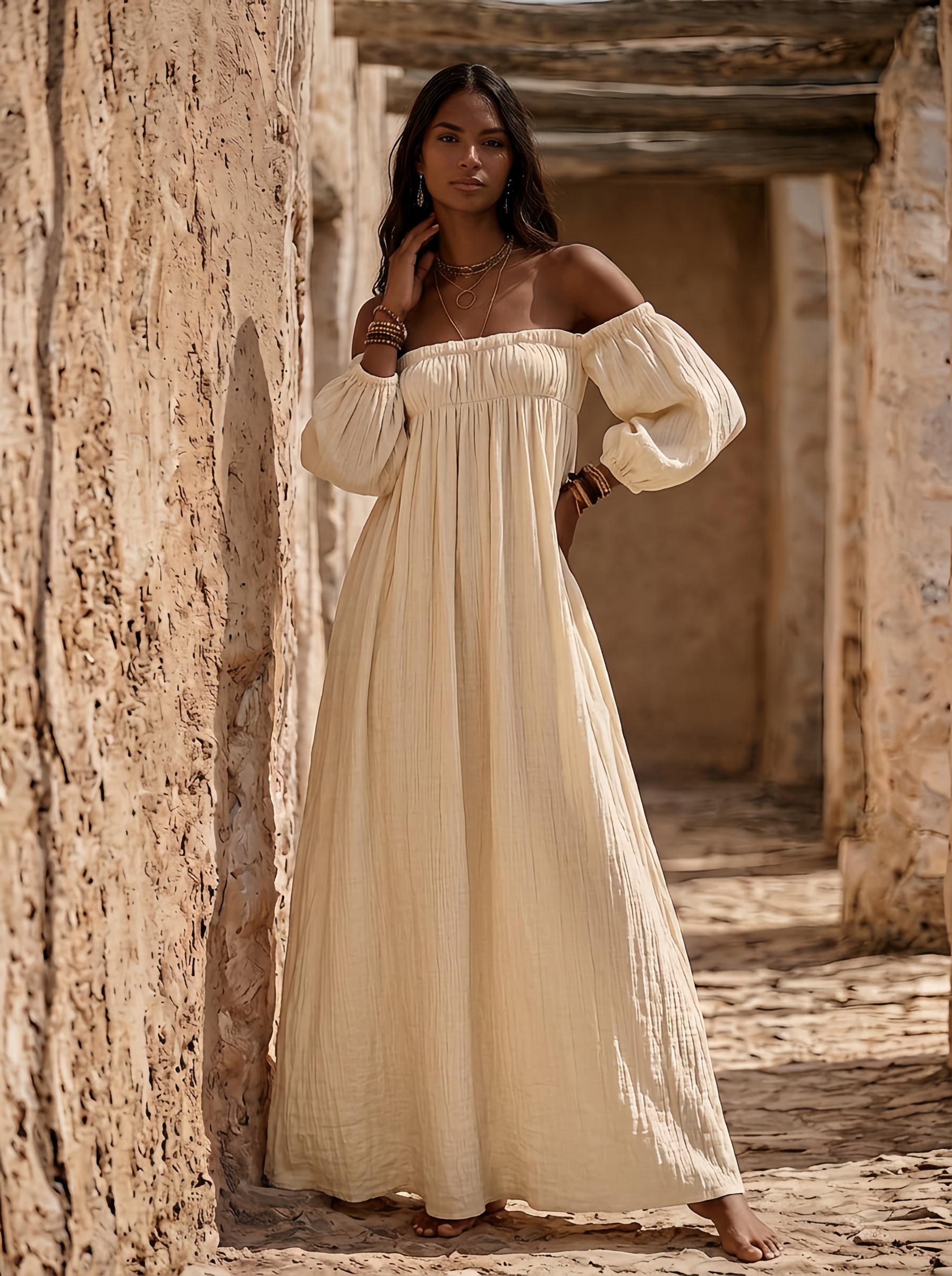 bohemian gauze dresses Cotton Maxi Off The Shoulder Gauze Dress Boho Off Shoulder Organic Cotton Gauze Maxi Dress Color:Ivory/Gold/Silver which will allow you under_200 Long Sleeve Bardot Crystal