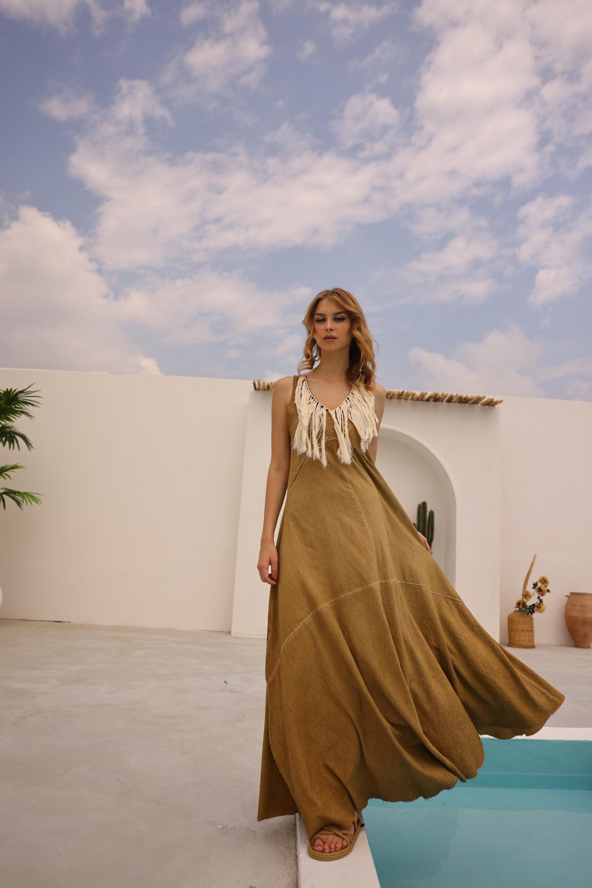 slim fit dress slacks Desert Sand Lace Trim Ruffle Sleeve Cotton Midi Dress