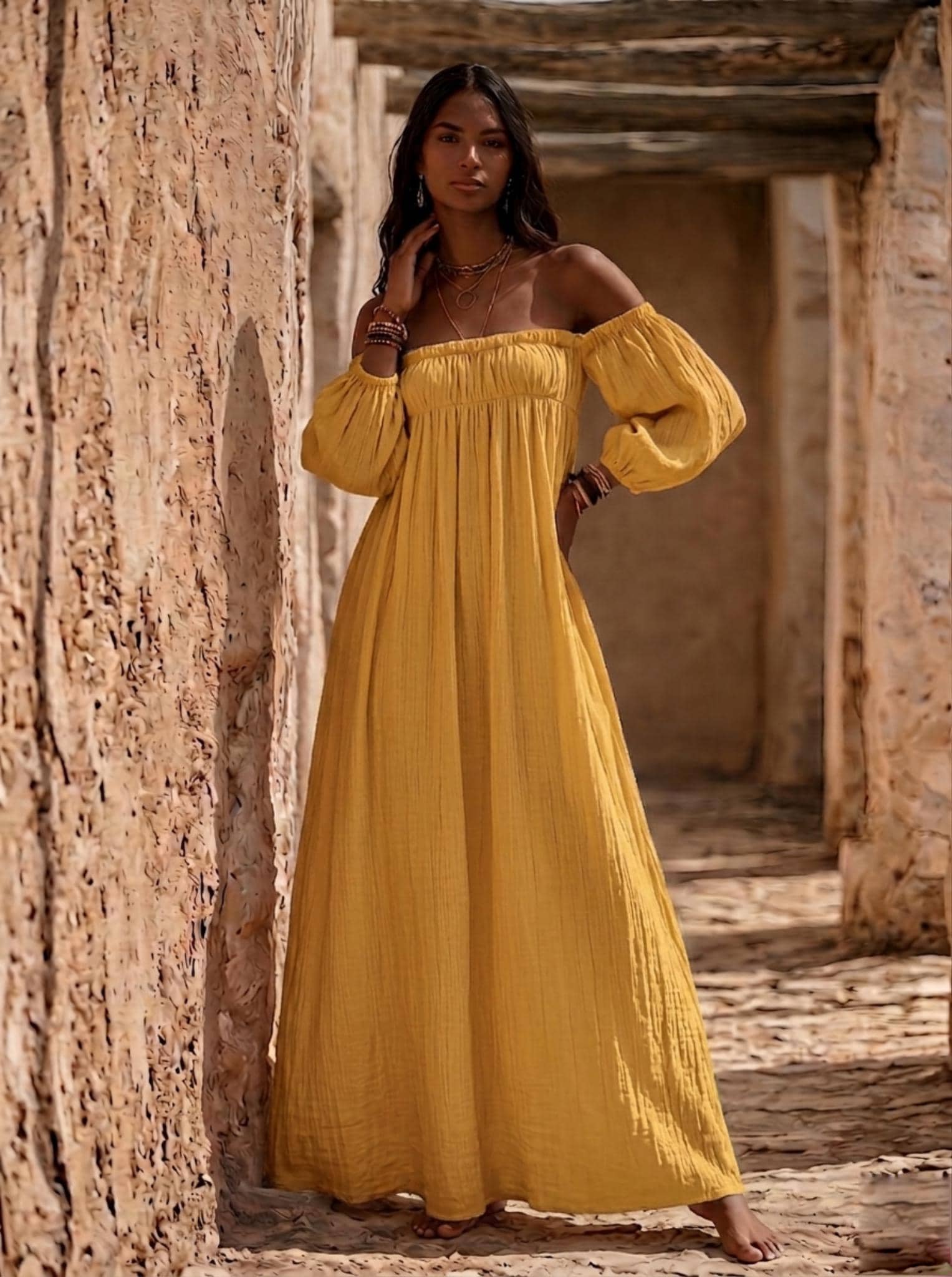 Organic Cotton Gauze Off-shoulder Maxi Dress, Boho Wedding Guest