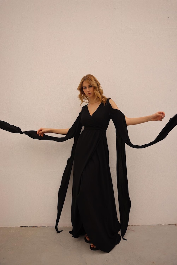 black goddess prom dress Angel Wings Black Dress-long Evening Gown-open Back Gown-formal Prom Dress-goddess  Dress-party Dress-boho Wrap Dress-gift for Her