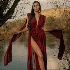 High Slit Backless Medusa Dress,Greek Goddess Dress,Bohemian Dress,Wedding Guest Dress,Boho Open Back Maxi Dress,High Slit Summer Dress