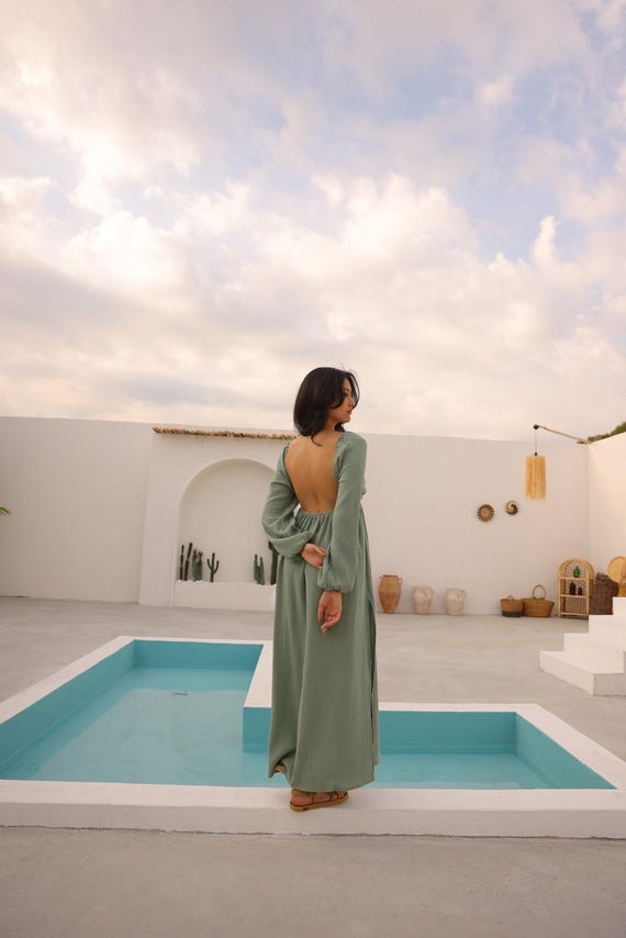 Backless Long Dress-Goddess Dress-Wedding Guest Gown-Bridesmaid Dress-V-Neck Long Dress-Organic Cotton Maxi Dress-Muslin Dress-Long Sleeve