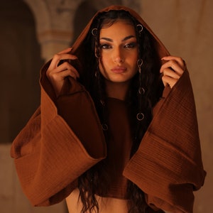 Boho Wide Sleeve Hooded Top,Crop Top Women Blouse,Kimono Top,Turkish Cotton Raw Wrap Top,Bohemian Cotton Blouse,Organic Clothing