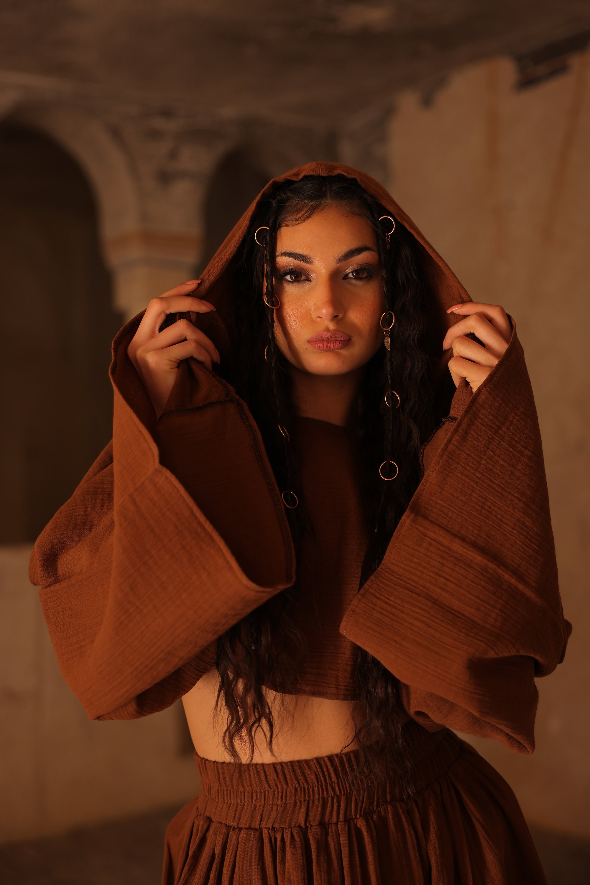 Boho Hooded Crop Top, Wide Sleeve Kimono , Turkish Organic Cotton