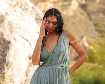 Vestido de diosa color menta con espalda descubierta, vestido bohemio con abertura alta, vestido de invitada de boda, vestido de dama de honor, vestido bohemio, vestido de novia bohemio, vestido orgánico