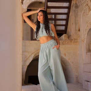 Yoga Boho Two Piece Set,Wide Leg Pants,Loose Fitting Pants,Summer Pants,Yoga Pants,Boho Top Set,Beach Pants,Organic Cotton pants