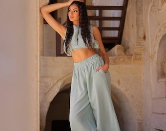 Organic Cotton Boho Pants Set, Wide Leg, Loose Fit,Beach Resort Wear,Linen