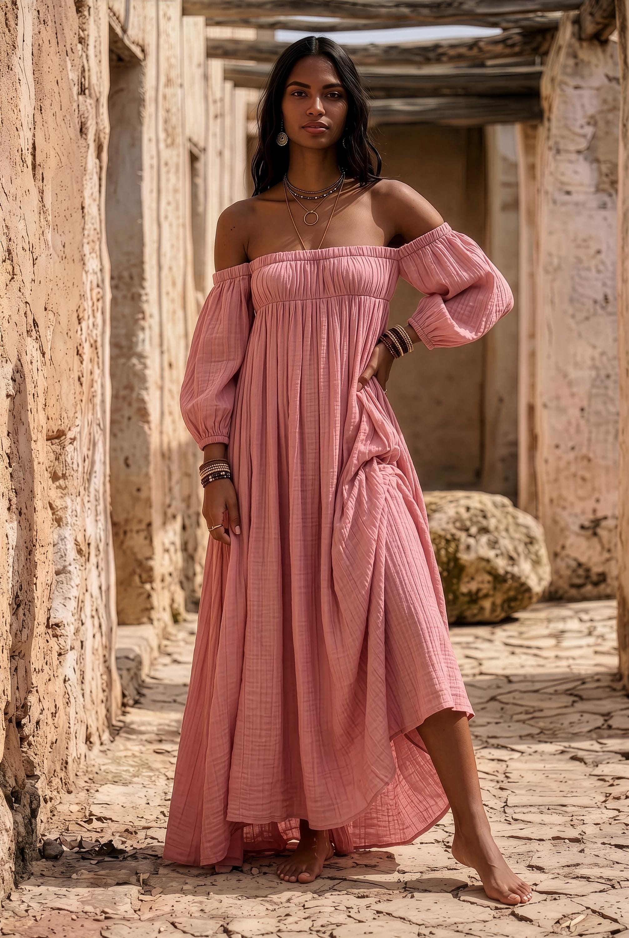 Organic Cotton Gauze off Shoulder Dress,boho Maxi Wedding Guest