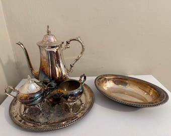 Vintage silver plate William A Roger’s Tea Set of 5- Coffee pot, tray, platter, cream, and sugar bowls.
