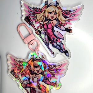 Double-Sided Acrylic Keychain - Pink and Rose Gold Mercy <3 - Holographic/Clear