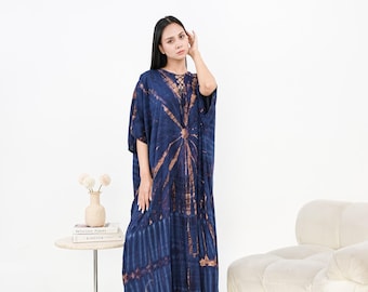 Indigo Tie Dye Kaftan Dress – Boho Maxi Caftan for Women – Loose Fit Resort Wear