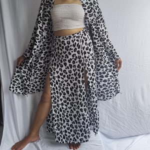 Skirt and cardigan animal print, leopard print, long skirt, vintage, boho, gypsy,side slit skirt,gift to her
