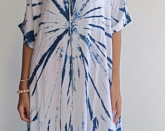Blue Tie Dye Maxi Dress: Loose Rayon Kaftan, Boho Summer Beach Cover Up
