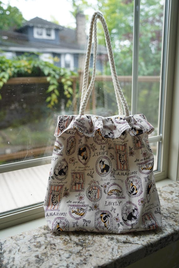 Handmade Tuxedo Cat Print Shoulder Bag: Ruffle Top Cotton Canvas