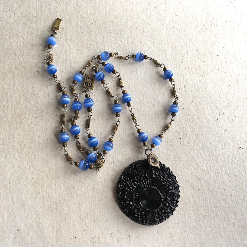 Black and Blue Necklace Made of Vintage Elements Etsy