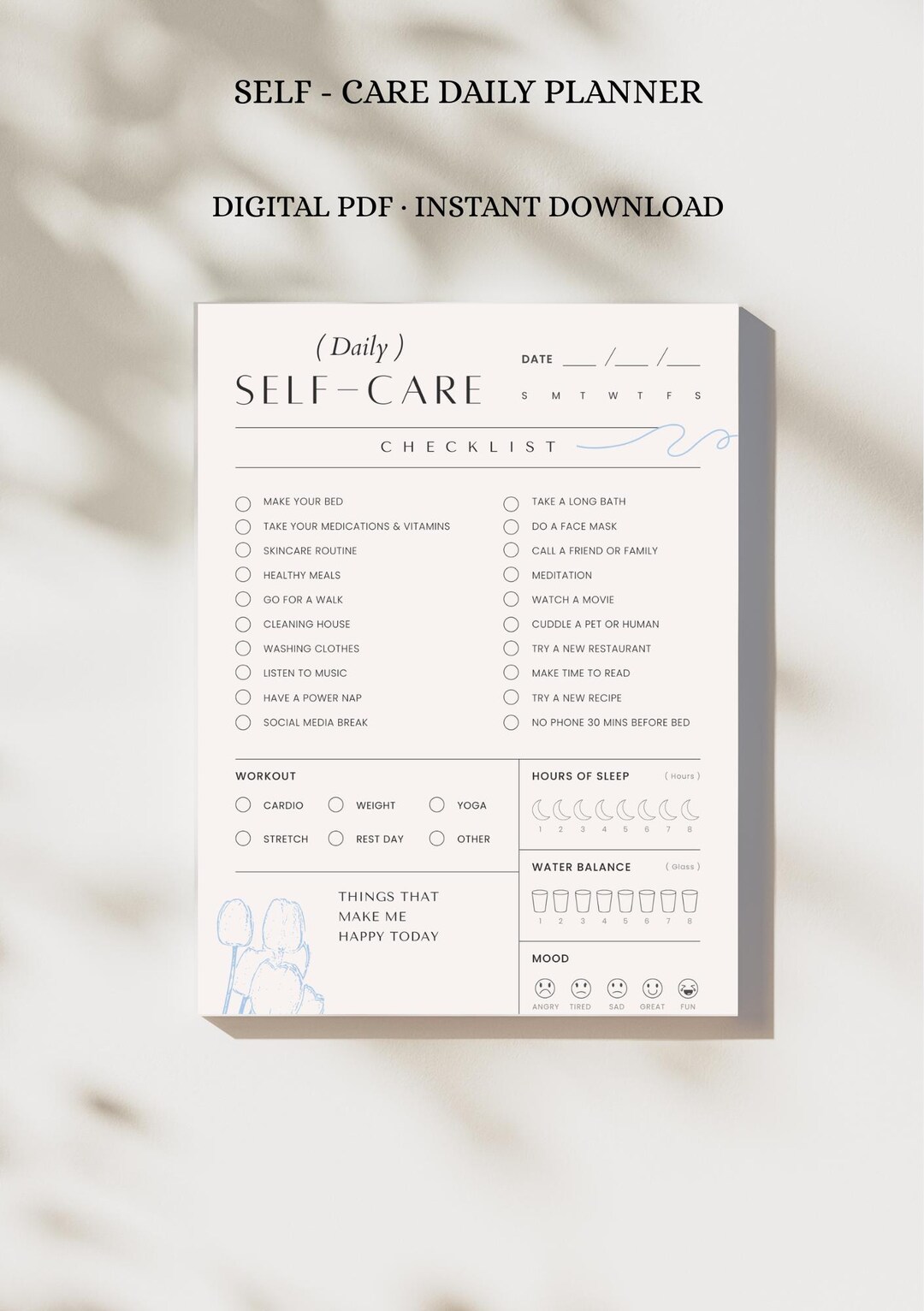 Daily Self-care Planner Printable | Minimalist Wellness Checklist ...