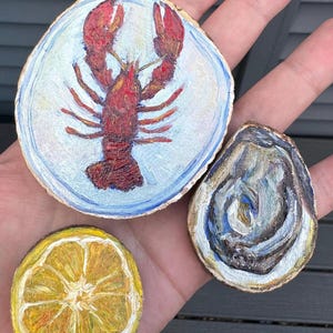 Seafood Diner oil painting on wood slices Set of 3 by Kaylee Rota lobster oyster lemon New England summer crab shrimp cocktail red original