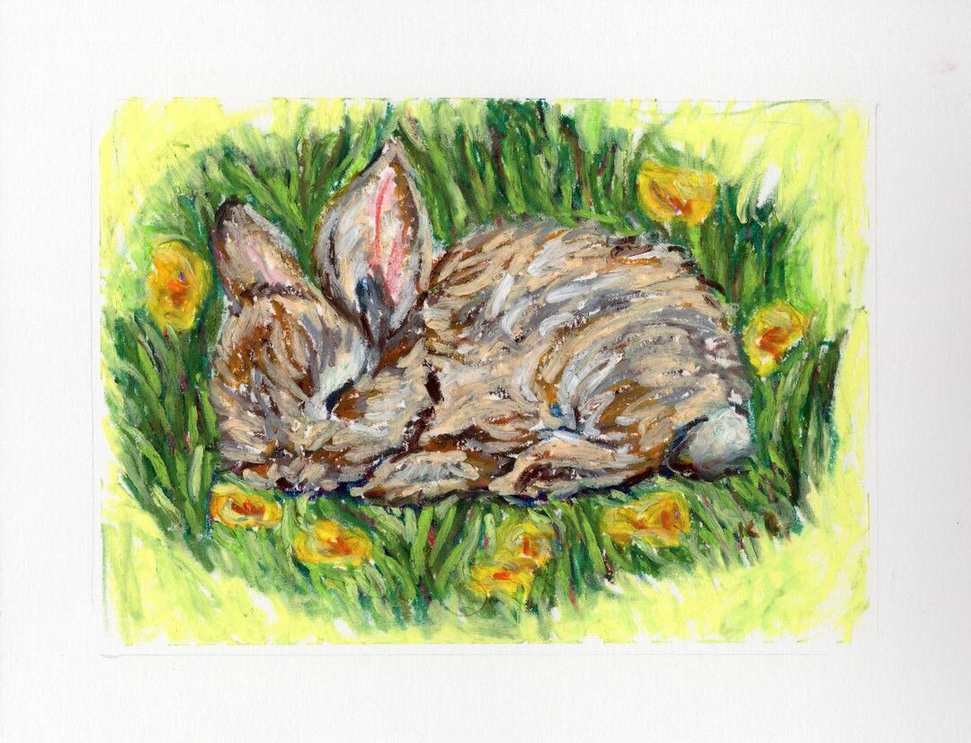 Baby Bunny 5in by 7in Art Print Oil Pastel Cute Spring Original Artwork ...