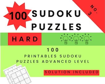 Könnte beinhalten: Ein grüner und roter Umschlag mit dem Text "100 Sudoku Puzzles Hard" und "Solution Included". Der Umschlag zeigt auch eine Grafik mit drei Glühbirnen.
