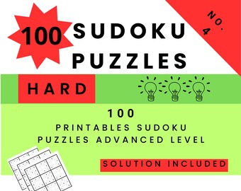 Könnte beinhalten: Ein grüner und roter Umschlag mit dem Text "100 Sudoku Puzzles Hard" und "Solution Included". Der Umschlag zeigt auch einen Stapel von drei leeren Sudoku-Gittern.