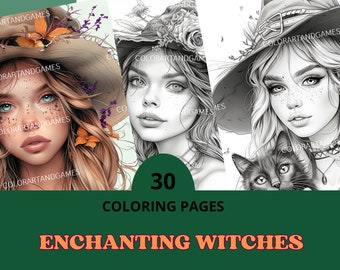 May include: A set of 30 coloring pages featuring enchanting witches with intricate details. The pages are black and white and ready to be colored. The text "30 Coloring Pages Enchanting Witches" is at the bottom of the image.