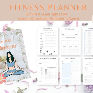 May include: A printable fitness planner with 39 pages. The cover features a woman in a yoga pose with flowers and the text "FITNESS Planner". The planner includes pages for fitness fun, a big goal, sleep tracker, measurement tracker, daily fitness, and weight loss tracker.