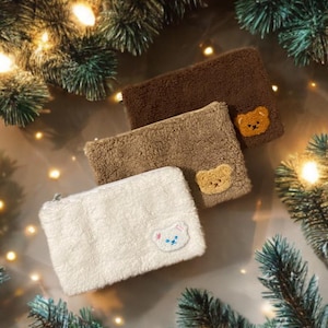 Bolsa de peluche con forma de osito / Pulsera de sherpa suave / Neceser acogedor / Neceser de viaje / Bolsa de felpa con cremallera / Neceser de invierno suave / Papel de regalo
