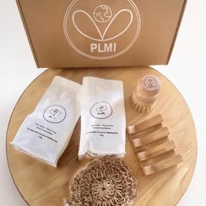 PLMI Natural Kitchen Cleaning Set | Zero Waste Washing Bar Duo, Wooden Dish Brush, Soap Tray, Handmade Scrubber | Eco-Friendly Gift Set