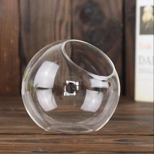 May include: A clear glass vase with a unique, asymmetrical opening. The vase is round and has a smooth, polished surface.