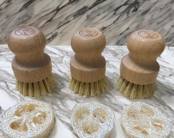 Set de cepillos para platos de bambú ecológicos con lufa natural / 3 cepillos y 3 lufas / Set de limpieza de cocina sin residuos / Estropajo biodegradable