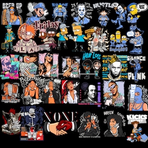 May include: A digital collage of colorful illustrations featuring various characters, including cartoon figures, musicians, and athletes. The images are set against a black background and include text such as "Friday", "Hustle", "Her Loss", "Silence", and "Make Money".
