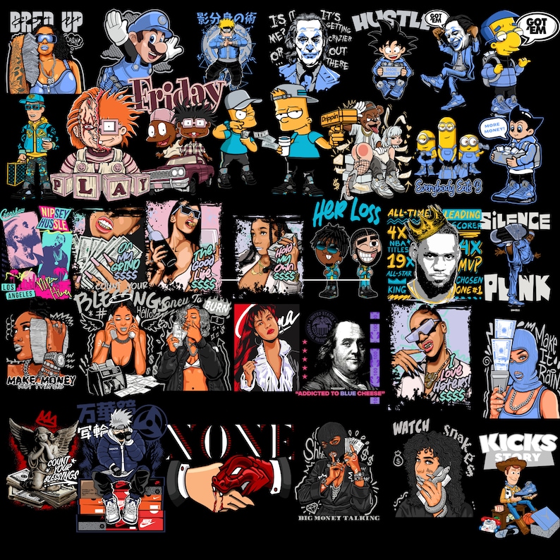 May include: A digital collage of colorful illustrations featuring various characters, including cartoon figures, musicians, and athletes. The images are set against a black background and include text such as "Friday", "Hustle", "Her Loss", "Silence", and "Make Money".