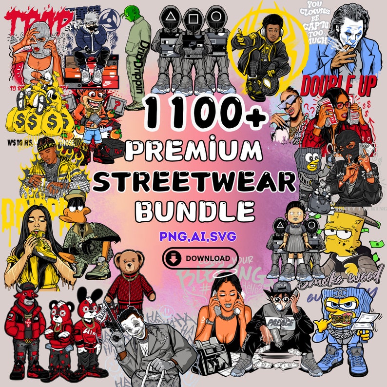 Pode incluir: Uma colagem de mais de 1100 designs de streetwear premium com personagens de desenhos animados, pessoas e texto. Os designs s&atilde;o de v&aacute;rios estilos, incluindo desenhos animados, grafite e realistas. O texto inclui "Drip Drippin", "Double Up", "Smoke Weed" e "Palace".