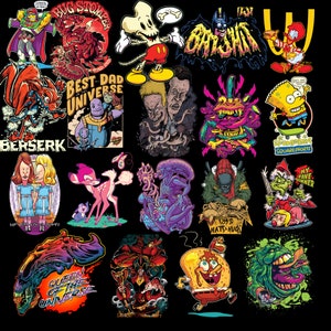 May include: A collection of colorful, cartoon-style illustrations featuring various characters and designs. The illustrations include a bug stomping a creature, a character with a crown, a deer, a creature from the black lagoon, and a character with a crown. The illustrations are all in a vibrant, cartoon style and are perfect for adding a touch of whimsy to any project.