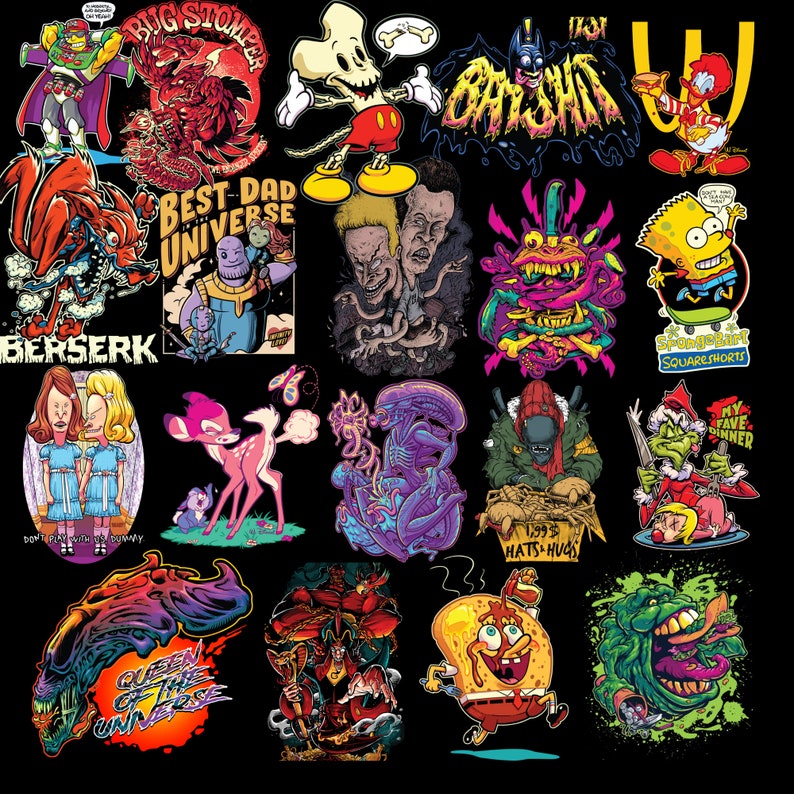 May include: A collection of colorful, cartoon-style illustrations featuring various characters and designs. The illustrations include a bug stomping a creature, a character with a crown, a deer, a creature from the black lagoon, and a character with a crown. The illustrations are all in a vibrant, cartoon style and are perfect for adding a touch of whimsy to any project.