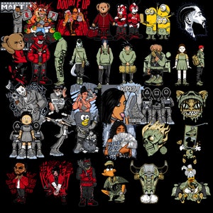 May include: A colorful digital illustration featuring various cartoon characters, including a bear, a minion, a skull, a bull, and a duck. The illustration is set against a black background and includes text such as "Double Up" and "Drip Drippin".