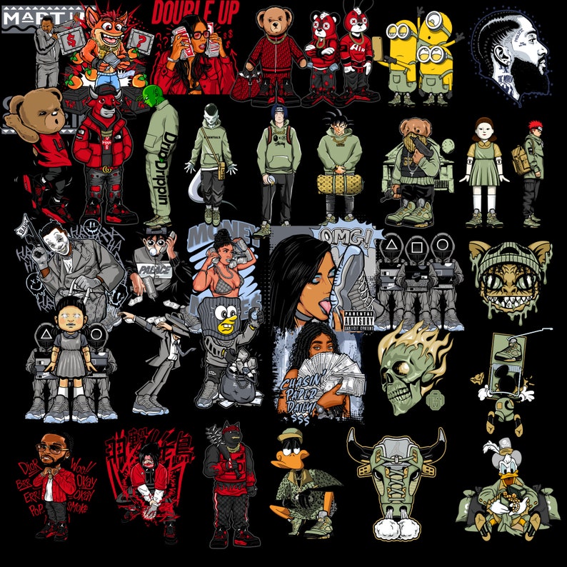 May include: A colorful digital illustration featuring various cartoon characters, including a bear, a minion, a skull, a bull, and a duck. The illustration is set against a black background and includes text such as "Double Up" and "Drip Drippin".