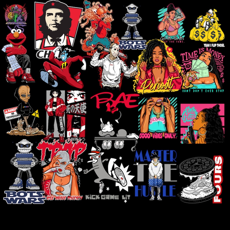 Pode incluir: Uma colagem de ilustra&ccedil;&otilde;es coloridas com v&aacute;rios personagens, slogans e designs. Alguns dos designs incluem um rob&ocirc;, um personagem de desenho animado, uma pessoa usando uma m&aacute;scara e um par de t&ecirc;nis. O texto na imagem inclui "Bots Wars", "Rise Above Poverty", "Kick Game Lit", "Master the Hustle", "Good Vibes Only", "Sole Heat", "Time is Money", "Shot Don't Ever Stop", "Periodt", "Bae", "F", "CH", "Elements", "天使", "PRA", "$$$", "Yeah I Flip Those", e "Fours".